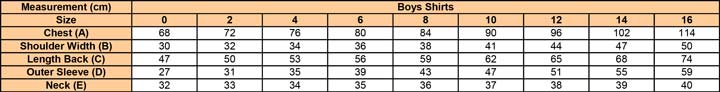 Boys Shirts Size Chart